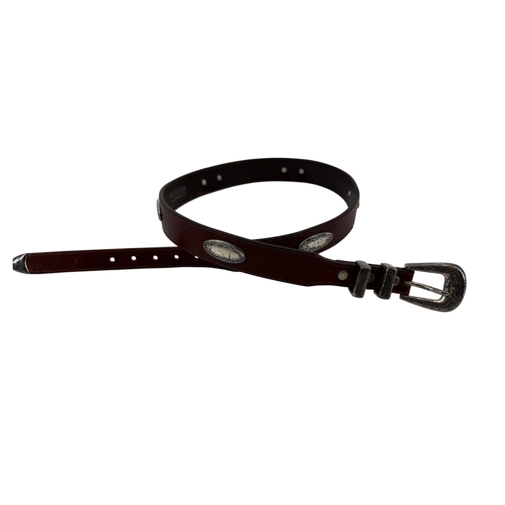 Brighton Western Concho Belt Womens 34‎ Brown Leather Silver Etched Hardware